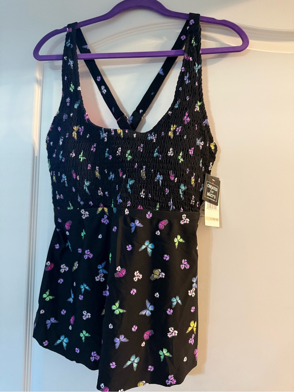 Macy's California waves Black Butterfly Print Tankini top only NWT size XL